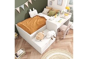 RIAZOS Children's Bed Wooden Bed 90 x 200 cm, Solid Wood Single Bed with Desk and Drawers, Storage Bed with Slatted Frame, for Boys and Girls, without Mattress, White