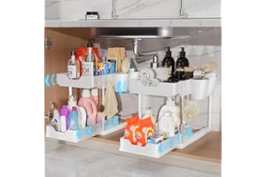Yexati 2 Paquete Organizador Bajo Fregadero Deslizable 2 Niveles, Extraíble Estante Organizador Cocina con 8 Ganchos 4 Cesta Colgante, Almacenaje Debajo Fregadero para Cocina, Baño, Dormitorio, Blanco