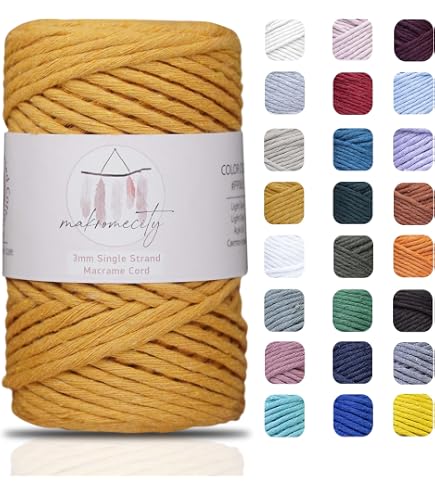 LEDENT Corda per macramè, a torsione singola (3mm, 120M, giallo senape) - in cotone riciclato al 100% per progetti di artigianato creativo