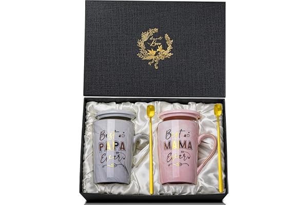 Coffret cadeau chic pour nouveaux parents – Papa & Mama | Tasses à café pour maman et papa, douce annonce de grossesse, baby shower, Noël, tasses 14oz à imprimé doré avec couvercle, cuillère, carte et