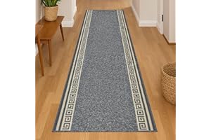 Bravich RugMasters Greek Grey Rubber Backed Non Slip Machine Washable Very Long Hallway Hall Runner Narrow Rugs Custom Length Stair Mats 2'2"x6'FT (66x183cm)