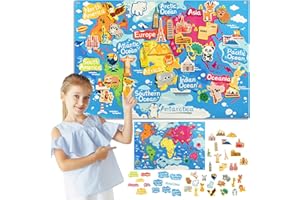 Olifty Mapa Mundi para Niños 102x70 cm - Tablero de Fieltro Montessori con Animales y Monumentos - Mapa Mundi Pared Grande - Juguetes y Regalos Educativos Montessori Niños 3-8 Años