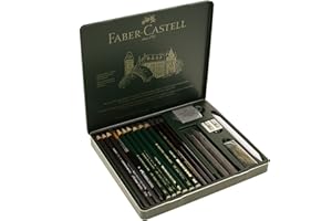 Faber-Castell 112973 - Estuche de Metal con 3 Lápices de Colores Acuarelables - 6 grafitos 9000-3 grafito Pitt puro - 2 Grafitos y Accesorios - Multicolor