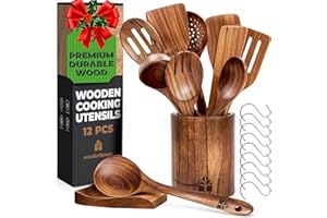 WOODENHOUSE Utensilios de Cocina Madera 12 Pzs - Set de Espátulas y Cucharas de Madera, con Soporte, Reposacucharas y Ganchos. Antiarañazos. Accesorios Cocina con Agarre Cómodo para Sartenes Antiadherentes