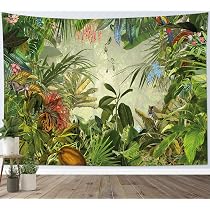 Tapisserie Murale 150x130cm Forêt Tropicale - Tenture Jungle Feuilles Palmier Décoration Salon Chambre