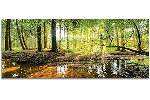 ARTLAND Küchenrückwand Glas mit Motiv Spritzschutz 125x50 cm Wald Natur Bäume Landschaft Sonne Sonnenuntergang Bach Grün T9IO
