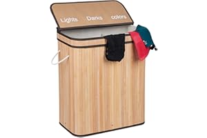 Relaxdays Cesto Portabiancheria, in bambù, Contenitore con 3 Scomparti da 30 L, Coperchio e Manici 63x55x35 cm, Naturale
