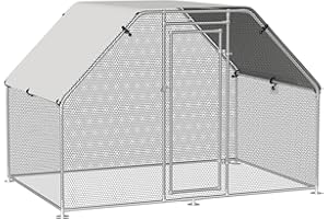 Pawhut Recinto per Galline in Metallo Galvanizzato, Porta con Blocco e Sezione con Copertura Oxford, 280x193.5x195 cm, Argento