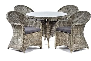 BrackenStyle Regent Rattan 4 Seat Dining Set - 100cm Round Garden Dining Table & 4 Arm Chairs Set - Luxury Patio Furniture - Tempered Glass Top with Parasol Hole