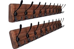 SKOLOO Garderobenleiste Holz, Vintage, Stabile Kleiderhaken Wand mit 10 Dreifachhaken, 2er-Pack, zum Aufhängen von Kleidung, Mantel, Hüten, Jacken, Rucksack, Hakenleiste Holz Vintagebraun