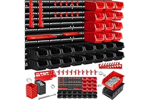 Masko® Scaffale da parete + Scatole impilabili + Portautensili, Espandibile, Scaffale da officina, Scatole portaoggetti visibili, 45 Parti - Nero/Rosso