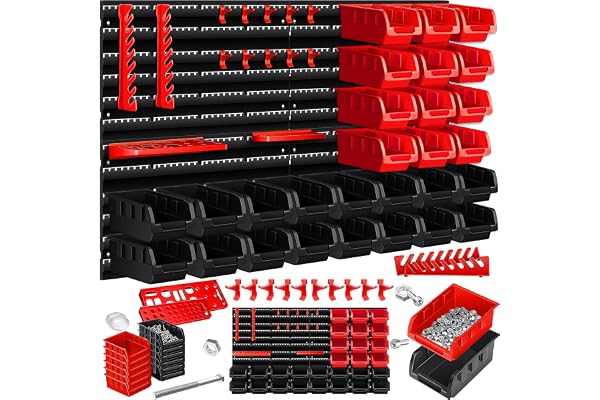 Masko® Étagère Murale + boîtes empilables + boîtes à Outils, Extensible, étagère d'atelier, boîtes de Rangement Visibles, 45 pièces - Noir/Rouge