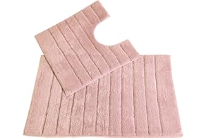 ALLURE BATH FASHIONS Allure Ribbed Design 2 Piece Bath and Pedestal Toilet Mat Set, 100% Cotton (Blush Pink)
