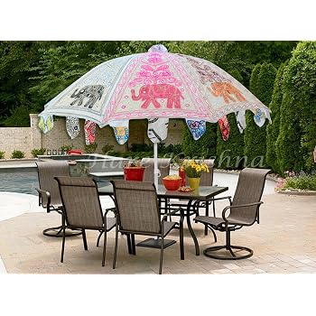Uml3821 Vintage Handmade Elephant Art Design Embroidered Cotton Patio Umbrella Parasol Garden Red Color 133 X