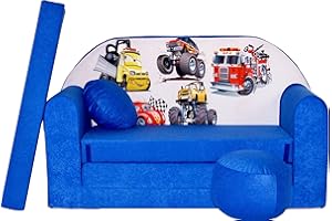 ‎ALL4ALL All4All Kindersofa Klappsofa - Schlafsofa 3in1 - Velo - Spielsofa für Kinder - Sofa zum Aufklappen - mit Pouf - faltbar - zum Schlafen – Schaumstoff Sofa (C14 Blau mit Autos)