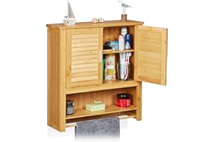 Relaxdays Pensile Bagno LAMELL, in Bambù, con Porta Asciugamani, 3 Ripiani, 2 Ante, Mobiletto, 66 x 62 x 20 cm, naturale