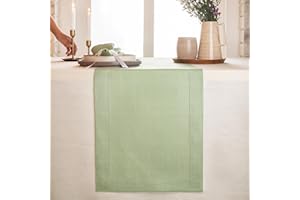 D'Moksha Homes Sage Green Linen Table Runner 84 inches Long - 100% Pure Linen 14 x 84 Inch Classic Hemstitch Table Runner - Dresser Scarf Farmhouse Dining Table Runner for Spring, Summer, Outdoor