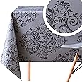 KP HOME Waterproof PVC Table Cloth Wipe Clean - Rectangular Oilcloth 78x55in | 200x140cm - Embossed oriental Baroque Vinyl Tablecloth - Dinning or Outdoor Plastic Table Cover in Dark Grey