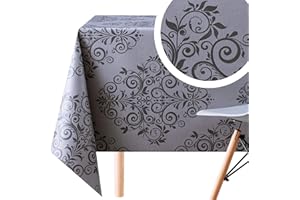 KP HOME Élégant Gris Foncé Nappe Toile Plastique Motif Luxe Damassé Oriental - 200x140 Floral Arabesque Epais Facile à Nettoyer PVC Essuyable Vinyle Nappe Ciree Rectangulaire