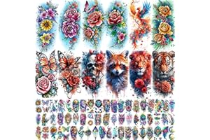 LAROI 70 Blatt Bunt Phönix Temporäre Tattoos Damen Mädchen, Aquarell Rosen Blüten Tattoo Aufkleber Frauen, Waschbär Schädel Tiger Löwe Blume 3D Schmetterling Fake Tattoos Aufkleben klebetattoos Erwachsene
