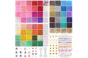Funtopia 3mm 21600pcs+ Perles pour Bracelet, Funtopia 60 Couleurs Perles de Rocaille, Perles pour Bijoux avec 208 Pièces Perles Lettres, Perles de Rocaille Kit Bijoux pour Adulte Enfant