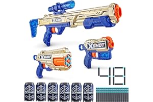 XSHOT Excel Royale Edition Combo Pack - Golden Hawk Eye Blaster, Reflex 6 Blaster, Kickback Blaster (48 freccette, 6 lattine), Golden Foam Dart Blaster, cassetta postale