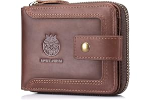 SCHLATUM Genuine Leather Zipper Wallet for Men RFID Blocking Large Capacity Classic Wallet with Coin Pocket ID Window, Coffee, Vintage & Classic