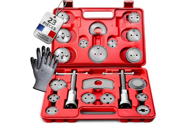 TRESKO® Coffret Repousse Piston d'étriers de Freins Set de 23 pcs INCL. Gants, pour Remplacement de Disque Outil et adaptateurs, de mâchoire ou de Plaquettes de Frein, Kit Universel
