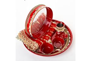 TARINI GALLERY Handcrafted Karwa Chauth Thali with Kalash Decorated Steel Plate Platter with Essential Pooja Articles Channi Lota Diya for Rituals Festival and Gifting (Red-Lady Design)