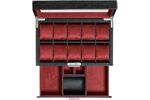 ROTHWELL Caja de reloj de cuero con 10 ranuras con cajón de valet, organizador de exhibición de caja de reloj de lujo, forro de microgamuza ultra suave, tapa de vidrio grande (negro/rojo)