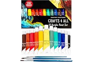 Crafts 4 ALL Acrylic Paint Set - 12 Paints for Canvas, Wood, Ceramic, Fabric - Non Toxic, Vibrant Pigments for Beginners, Students and Professional Artists - Art Supplies