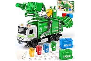 Charmofun Camion Spazzatura, Camion dei Rifiuti con 6 bidoni della spazzatura, 180 Carte del Rifiuto, Luci e Suoni, Camions Immondizia Regalo per Bambini e Bambine 3+