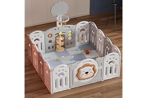 GOODS EMPORIUM Adventure Lion Baby Playpen for Baby and Toddlers Foldable - Kids Play Pen Babies and Toddlers - Includes Play Mats, Activity Panel, Basketball Hoop & Balls (White/Grey)