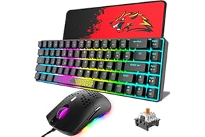 KUIYN Tastiera da Gioco Meccanica Compatta al 60% 18 luci RGB Cablate Tipo C 68 Tasti + Mouse da Gioco Ottico a Nido d'ape 6400 DPI + di Tappetini per Mouse, per PC/laptop (Nero/Marrone Interruttore)
