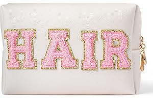 GROBRO7 Hair Patch Cosmetic Bag PU Large Capacity Travel Toiletry Bags, Gold Waterproof Varsity Letter Bag with Zippers for Makeup Washing Nursing, Easy to Carry Business Trip Holiday Essentials