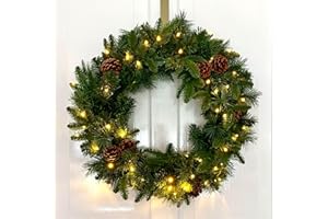MeisterHome ® Künstlicher Weihnachtskranz Adventskranz für Tür Ø 60 cm - Weihnachtlicher Türkranz für Innen und Außen mit 50 LEDs, Timer und Kiefernzapfen-Beeren-Dekoration + Goldfarbener Aufhänger