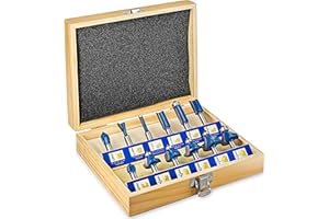 S&R Zestaw frez do drewna 12 szt. HM, trzpień 8 mm, opakowanie drewniane, kuta stal narzędziowa, płyty do cięcia z HM. W drewnianym pudełku zapasowe łożyska w zestawie