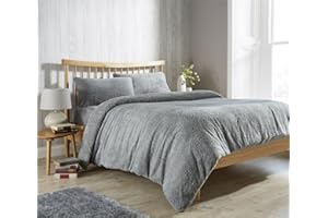 Olivia Rocco Teddy Fleece Duvet Cover Set Super Soft Warm Cosy Quilt Covers Bedding Sets With Pillowcases, Grey Double