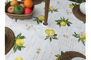 THE TABLECLOTH COMPANY 55" DIAMETER ROUND PVC/VINYL GARDEN TABLECLOTH - YELLOW LEMONS WITH PARASOL HOLE