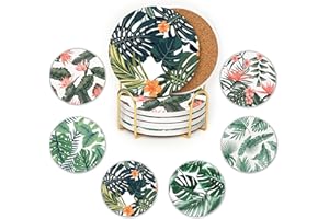 JJ Prime - Lot De 6 sous-Verres en Céramique | Dessous De Verre Absorbants avec Support | Anti-Rayures & Antidérapants sous-Verres | Cadeaux pour La Maison (Feuilles)