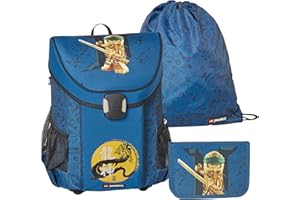 SKANDO BAGS LEGO® - Jungen Easy Schulranzenset 3tlg. - NINJAGO, Gold/Blue - Mit Turnbeutel, Federmäppchen (inkl. aller nötigen Schreibutensilien) - Leichtgewicht - 5-10 Jahre