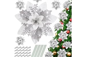 Serwalin 20pcs 14cm Weihnachten Blumen künstliche silbrig Blumen Dekorationen mit Clips Stiele Glitter Weihnachtsbaum Ornamente Weihnachten Hochzeit Party Kranz Girlanden DIY (silbrig)