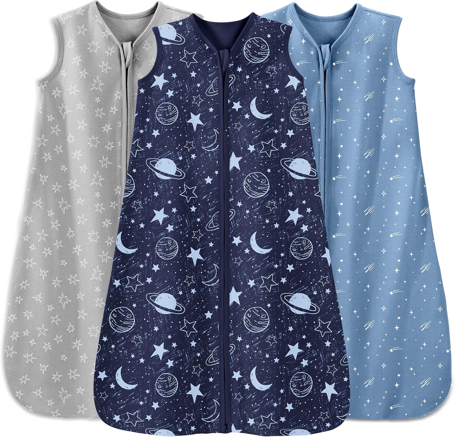 Unnivoll Baby Sleeping Bag Newborn 0.5 Tog Sleep Sack 3 Pack 100% Cotton Baby Wearable Blanket for Boy Girl Toddler 18-24 Months Gray Blue Planet