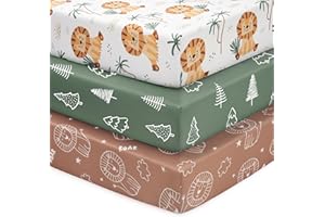 FIEMOL Baby Spannbettlaken 70x140 cm Kinderbett Spannbetttuch, 3er-Pack Mikrofaser Bettlaken Für Babybett, Ultrasanft & Seidigglatt Kinderbettlaken Braun Grüner Löwe