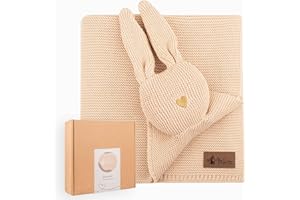 Mikito® Kocyk dziecięcy ze 100% bawełny ekologicznej | elegancki koc z dzianiny z pluszakiem "zając" | prezent z okazji narodzin | miękki, oddychający i zapakowany w zrównoważony sposób
