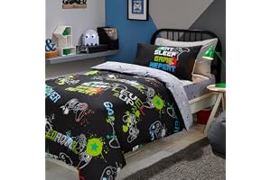 Bedlam Black Gaming påslakan enkel storlek (140 x 200 cm) – vändbara sängkläder – 2 örngott – spelare sovrumstillbehör – videospeltema – polybomull – 3-delat set