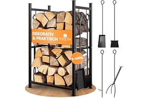 BLACK OAK Kaminholzständer ANTERO - Kaminholzregal schwarz Stahl 72x46x30cm 5-teilig 2 Ebenen Kaminbesteck Set 4-teilig Feger Schaufel Schürhaken Zange + Regal Kaminzubehör wetterfest für Kamin & Ofen