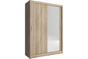 MB-MOEBEL Kleiderschrank mit Spiegel Schwebetürenschrank 2-türig mit Einlegeböden und Kleiderstange Schlafzimmer- Wohnzimmerschrank Schrank Gaderobe Schiebtüren Borneo A1 (Sonoma, 130 cm)