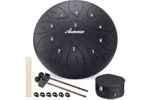 Asmuse Steel Tongue Drum, C Major Handpan Tongue Drum da 10", Strumento a Percussione a 11 Toni con Borsa da Viaggio Imbottita Bacchette per la Meditazione e la Terapia del Suono(Nero Smerigliato)