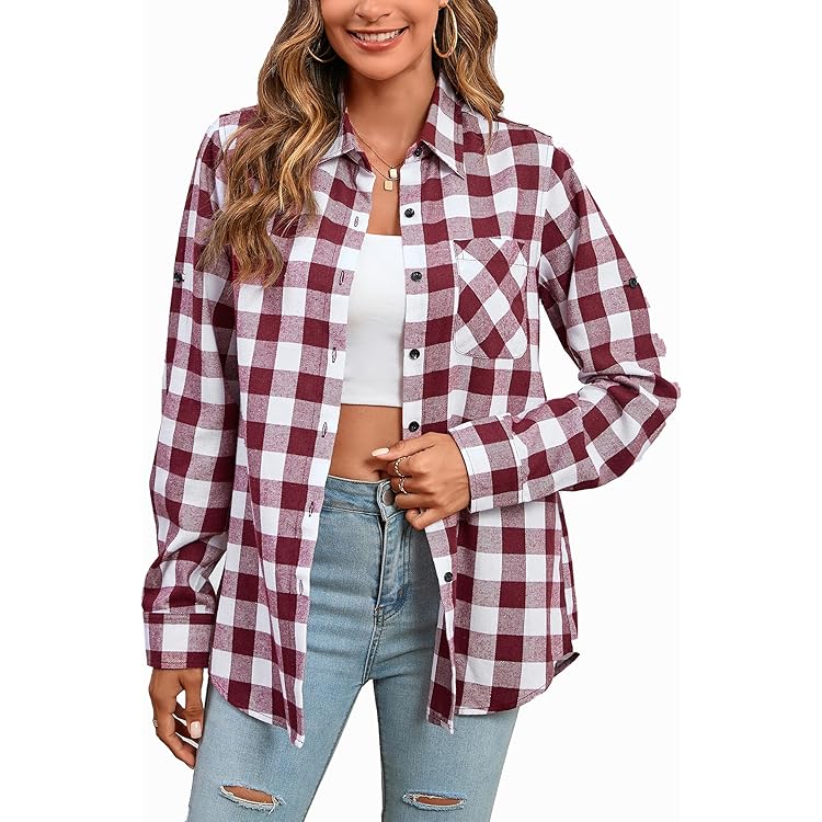Timuspo Flanellen geruite overhemdjasje met lange mouwen voor dames, katoen, reverskraag, knopenblouse en shacket-stijl jas, wijnrood, L